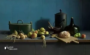 Stilleven met fruit en brood tegen blauw - Henk Helmantel - giclee op canvas