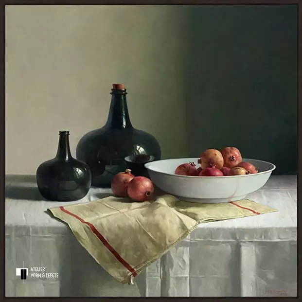 Stilleven met granaatappels op chinese schaal - Henk Helmantel - in baklijst Atelier 10mm zwart