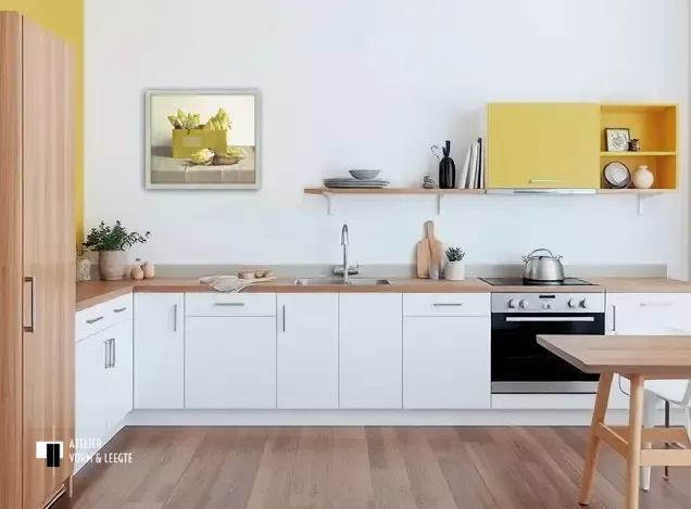 Witlof in gele doos van Henk Helmantel aan de wand - in Shabby Chic lijst