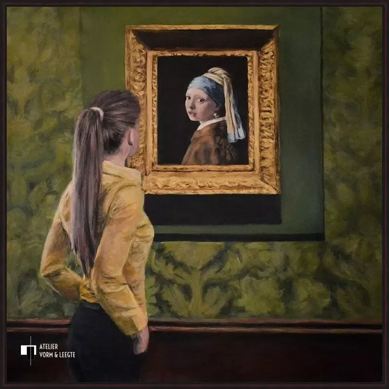 Watching Girl with the Pearl Earring - Escha van den Bogerd - in baklijst Misto zwart-mahonie-rood 10mm