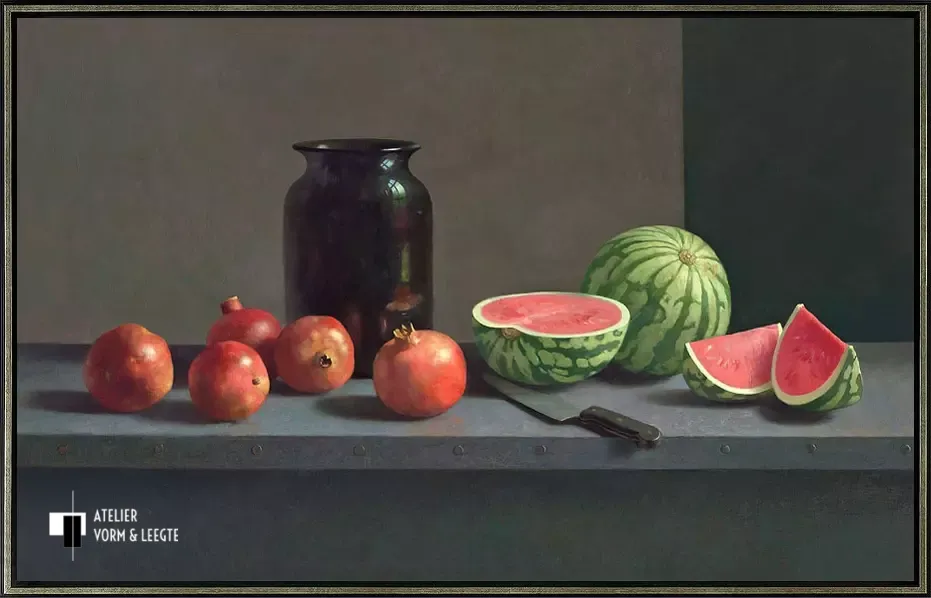 Watermeloen en granaatappels - Henk Helmantel - in Curved baklijst zwart-zilver 18mm