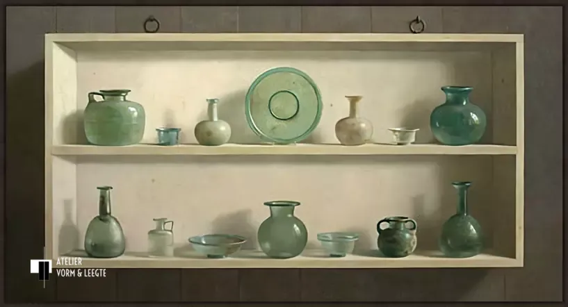 Romeins glas in kast - Helmantel - voorbeeld in Atelier zwart 10mm