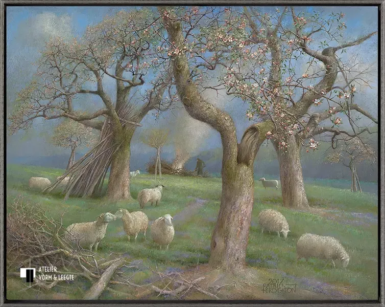 Schapen in de boomgaard - Patrick Creyghton - in baklijst Shape zwart-zilver 8mm