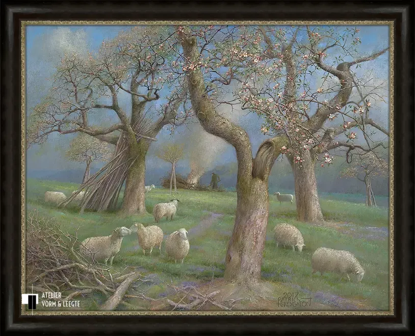 Schapen in de boomgaard - Patrick Creyghton - in sierlijst Hermitage Bol zwart-zilver 44mm