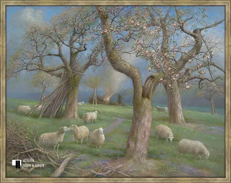 Schapen in de boomgaard - Patrick Creyghton - in sierlijst Misto zwart-mahonie-goudtop 16mm