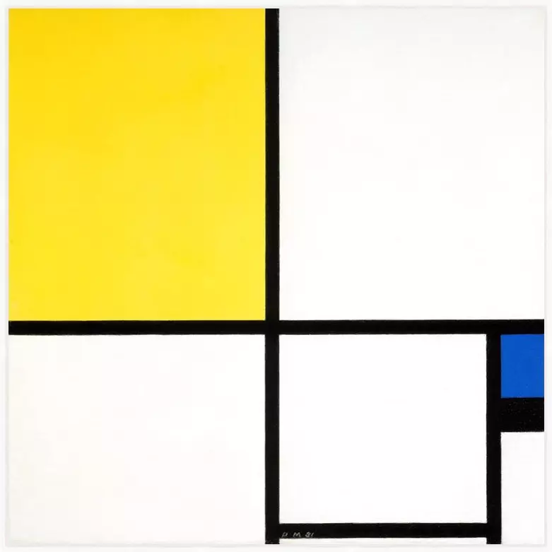 Geel en blauw compositie - Piet Mondriaan - in baklijst Atelier wit 10mm