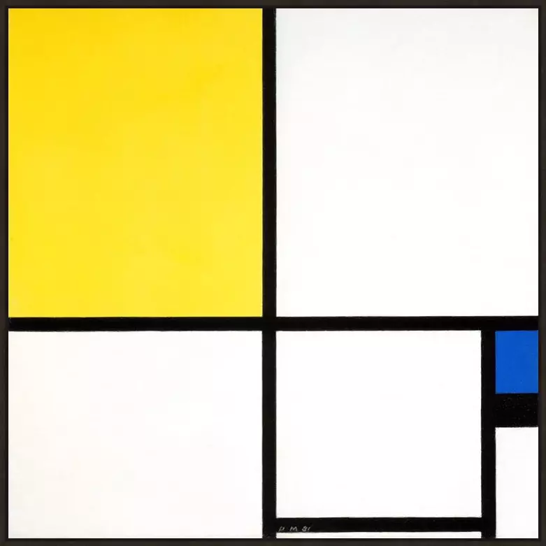 Geel en blauw compositie - Piet Mondriaan - in baklijst Atelier zwart 10mm