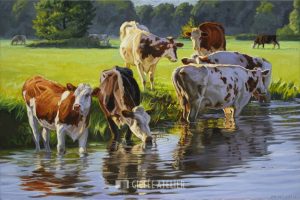 Roodbont vee langs de rivier - Jan van 't Hoff - gicleekunst