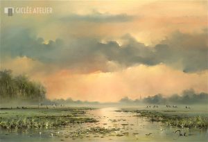 Koeien in de ochtendmist - Jan Kooistra - gicleekunst