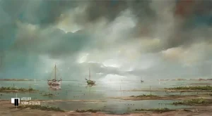 Schepen op het wad - Jan Kooistra - giclee op canvas