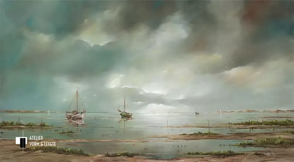 Schepen op het wad - Jan Kooistra - giclee op canvas