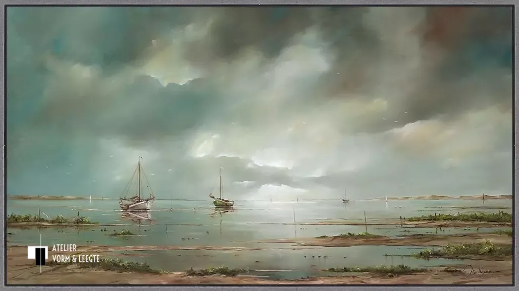 Schepen op het wad - Jan Kooistra - in baklijst Atelier zwart-zilver 10mm