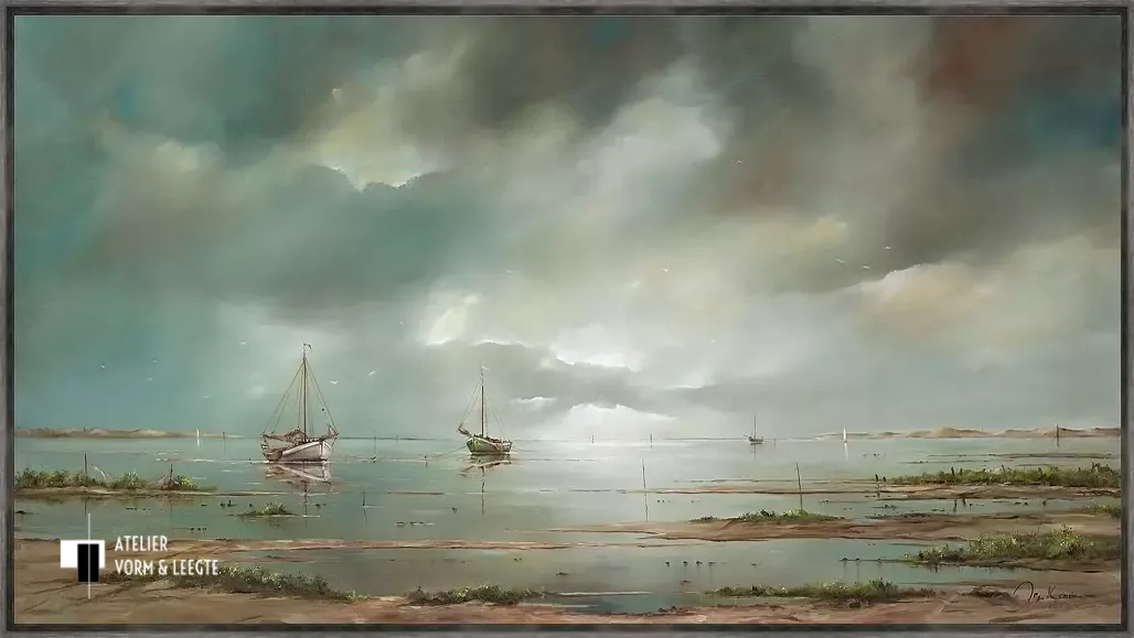 Schepen op het wad - Jan Kooistra - in baklijst Veneer donkergrijs 5mm
