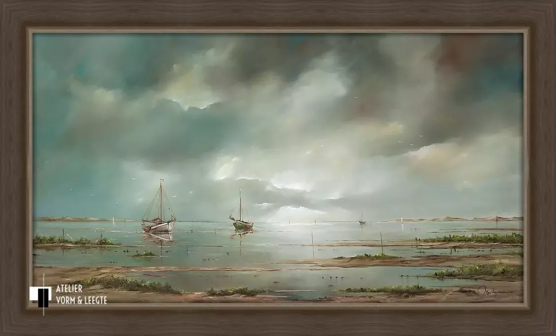 Schepen op het wad - Jan Kooistra - in sierlijst Kadur taupe-zilver 77mm