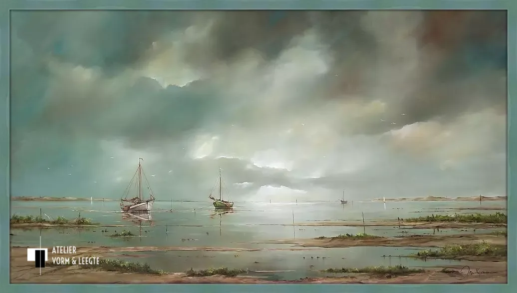 Schepen op het wad - Jan Kooistra - in sierlijst Landscape azurro 21mm