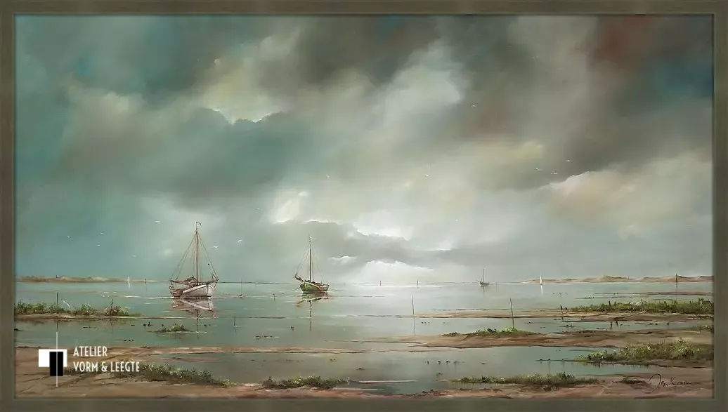 Schepen op het wad - Jan Kooistra - in sierlijst Landscape walnoot 21mm