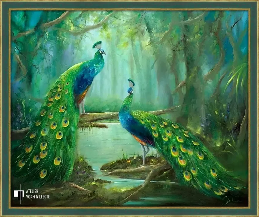 Twee pauwen - Jan Kooistra - in sierlijst Procida groen goud 36mm
