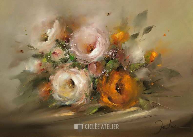 Boeket in oranje en wit - Jan Kooistra - gicleekunst