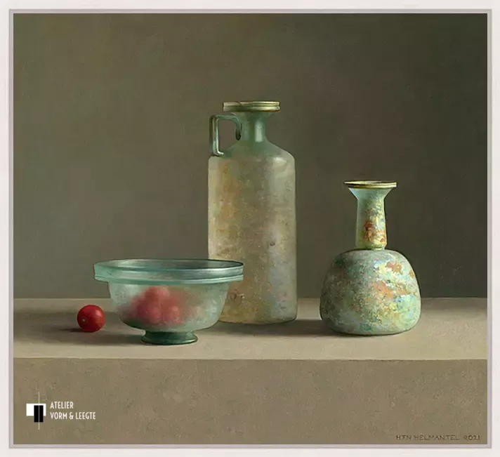 Romeins glas met tomaatjes - Henk Helmantel - in baklijst Atelier whitewash 10mm