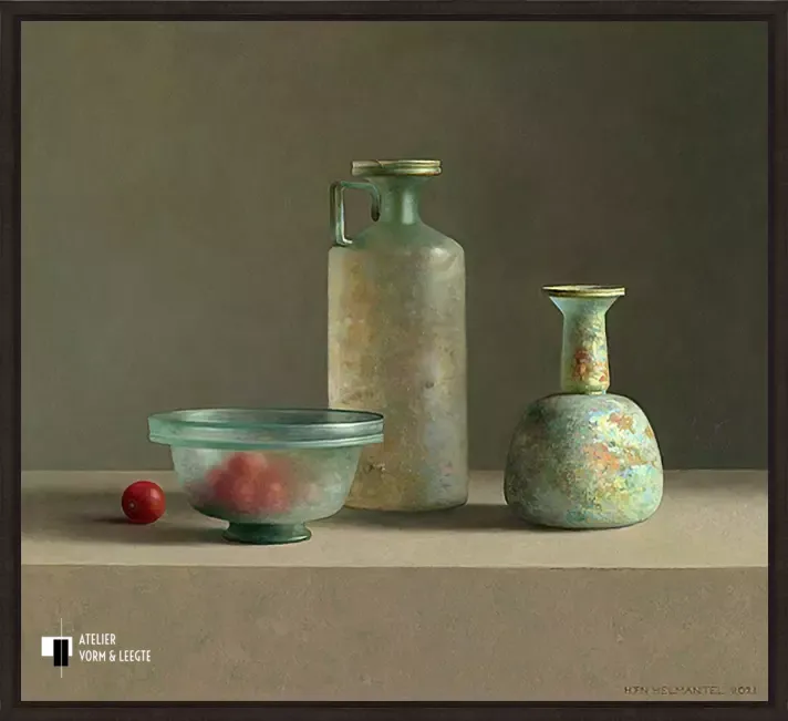 Romeins glas met tomaatjes - Henk Helmantel - in baklijst Atelier zwart 10mm