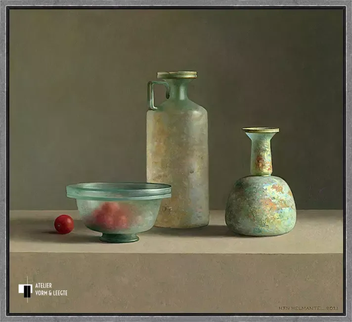 Romeins glas met tomaatjes - Henk Helmantel - in baklijst Atelier zwart-zilver 10mm