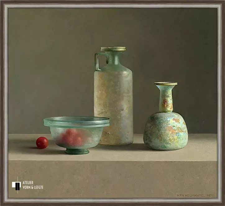 Romeins glas met tomaatjes - Henk Helmantel - in sierlijst Vienna taupe-zilver 20mm