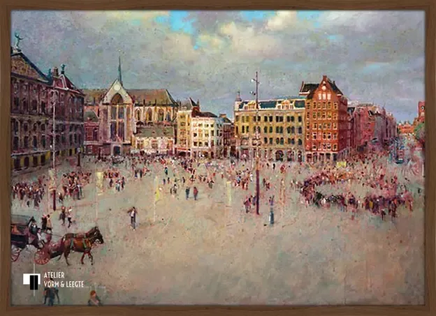 De Dam in Amsterdam - Christiaan Afman - in sierlijst Misto walnoot 15mm
