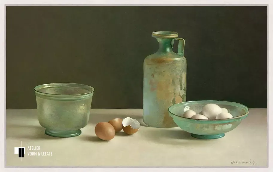 Stilleven met Romeins glas en eieren - Henk Helmantel - in baklijst Atelier whitewash 10mm