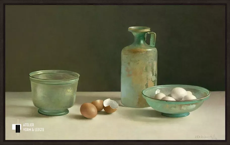 Stilleven met Romeins glas en eieren - Henk Helmantel - in baklijst Atelier zwart 10mm