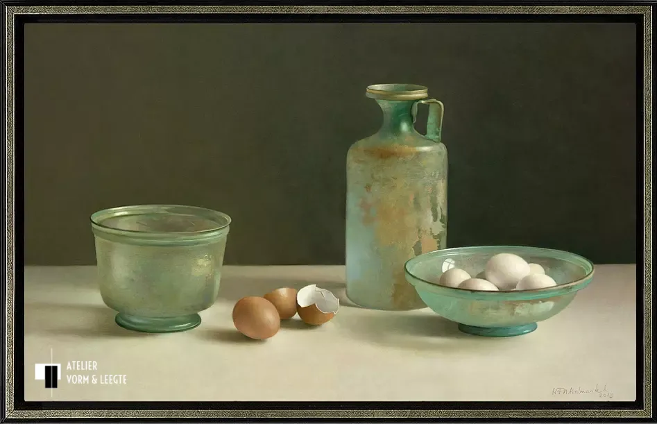 Stilleven met Romeins glas en eieren - Henk Helmantel - in baklijst Curved zwart-goud
