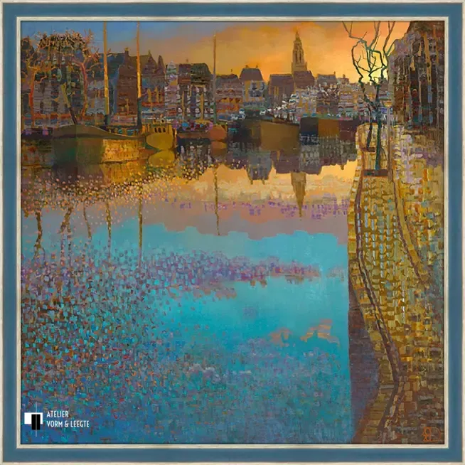 The Golden Tower - Ton Dubbeldam - in sierlijst Procida blauw zilver 36mm