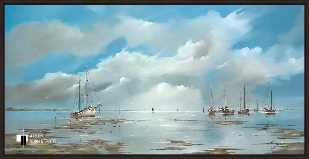 De bruine vloot op het blauwe wad - Jan Kooistra - in baklijst Atelier zwart 10mm