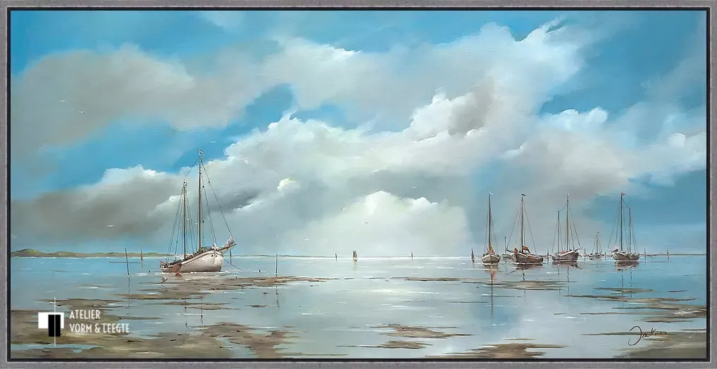 De bruine vloot op het blauwe wad - Jan Kooistra - in baklijst Atelier zwart-zilver 10mm