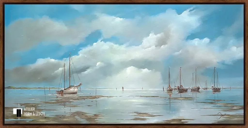 De bruine vloot op het blauwe wad - Jan Kooistra - in baklijst Bazo Luxe palissander-goud 9mm