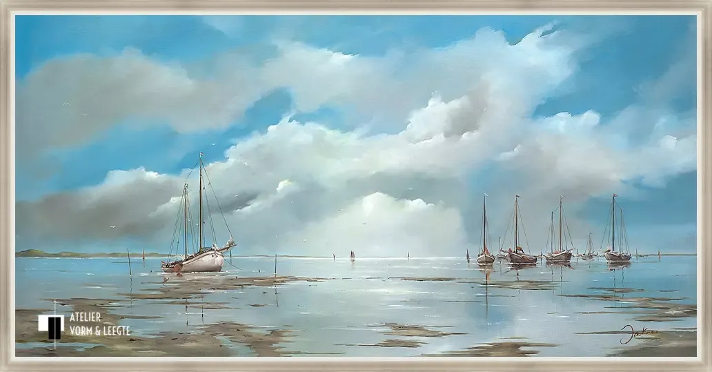 De bruine vloot op het blauwe wad - Jan Kooistra - in baklijst Impact wit-zilver 18mm
