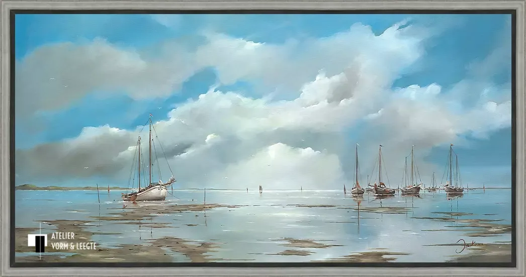 De bruine vloot op het blauwe wad - Jan Kooistra - in baklijst Shape zwart-zilver 18mm