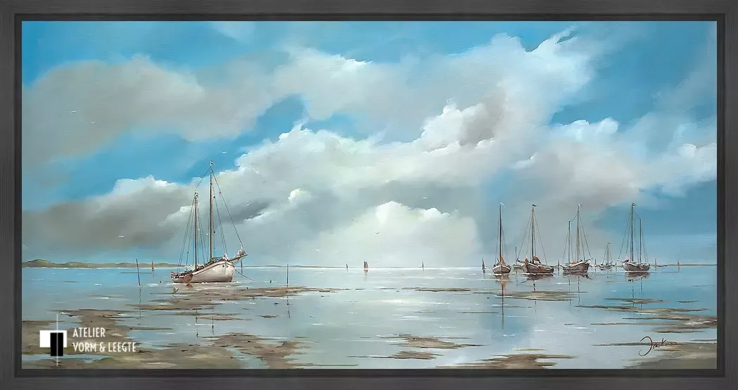 De bruine vloot op het blauwe wad - Jan Kooistra - in baklijst Steps antracietgrijs 20mm
