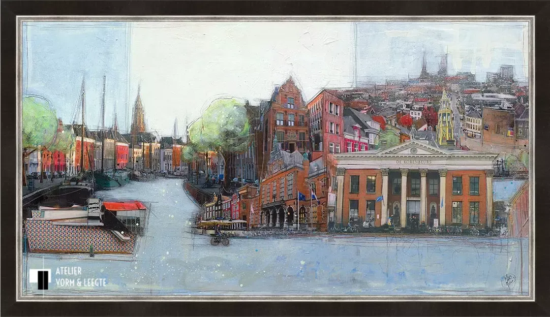 Groningen met A-Toren - Mrs. More - in sierlijst Beccolegni walnoot 50mm